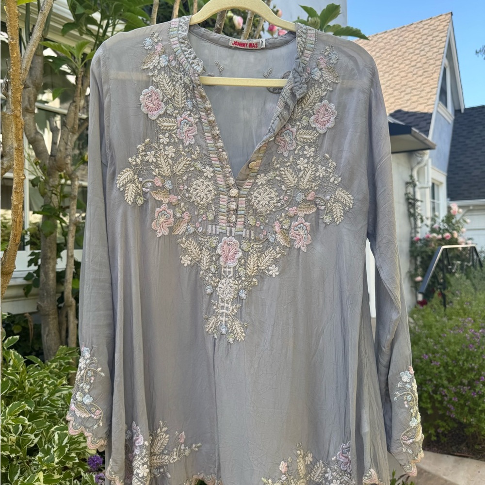 Johnny Was Gray and Pink Tunic with Elegant Embroidery